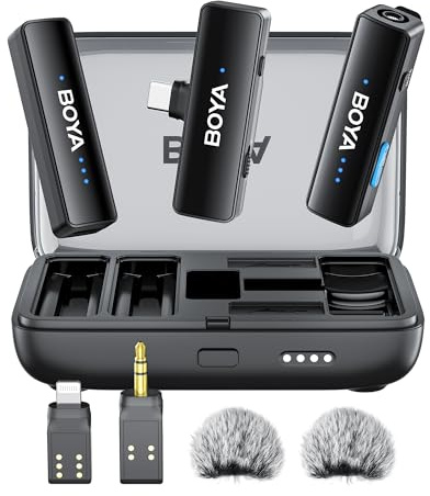 Boya BOYALINK - Microfono Lavalier senza fili 3 in 1, doppia clip su microfono a spina, durata 30H per iPhone Android fotocamera, cancellazione del rumore per registrazione audio video