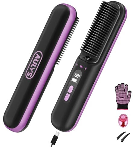 AULYS Brosse Lissante Sans Fil – Chauffage Rapide 25s, 6 Températures Réglables, Batterie 2400mAh, Anti-Frisottis, Affichage LED, Sécurité Anti-Brûlure – Pour Tous Types de Cheveux