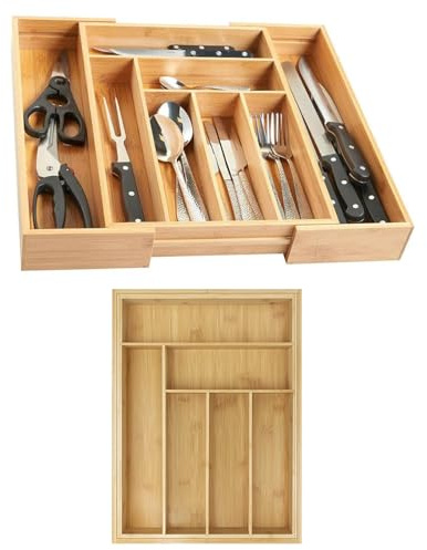 Wooden Bamboo Cutlery Drawer Organiser, 6-8 Compartments Extendable Cutlery Tray, Utensil Tray for Kitchen, Adjustable Cutlerys Divider Organiser for Silverware, Flatware, Knives, 32-52 x 43 x 5cm