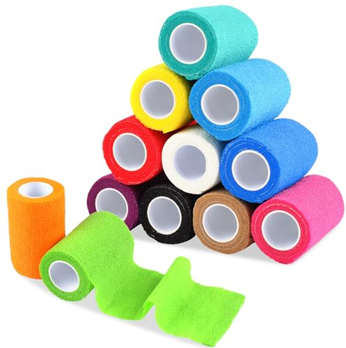 Moosono 7.5cm*4.5m Selbstklebender Verband, 12 Rollen Selbsthaftende Bandage für Erste Hilfe, Elastische Fixierbinde Cohesive Haftbandage für Handgelenk, Knöchel, Füße, Sportler, Hund/Katze, Vet Wrap