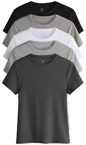 THE SET Femme T-Shirt côtelé à Manches Courtes, Lot de 5 Multi-Couleurs S