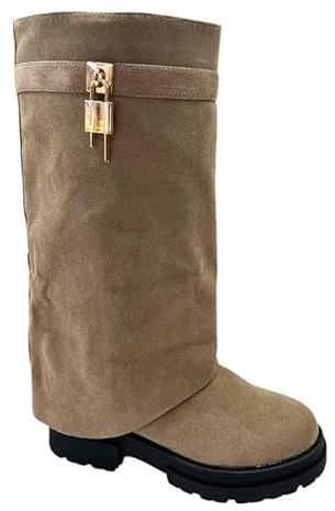 sole london LADIES WOMENS FOLD OVER BUCKLE FASHION PULL ON FLAT BLOCK HEEL BOOTS_TAUPE 6