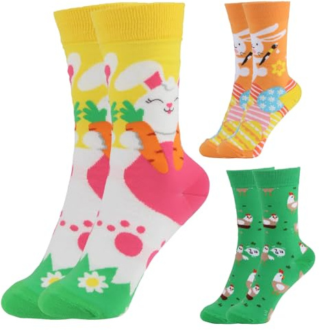 JINXIAN 3 Pares de Calcetines Divertidos de Pascua con Estampado de Conejo Verde Blanco y Naranja Unisex CóModos para Fiestas Familiares de Navidad Regalos de Pascua (37-43)