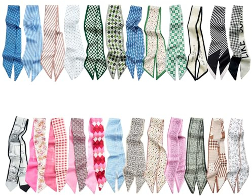 ZOUIQSS 24Pack Purse Scarf Handbags Skinny Twill Hair Scarves Narrow Neck Scarf Band Women Fashion Accessories Bag Charms 86cm