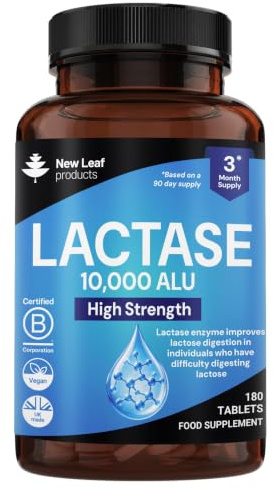 New Leaf Lactase Tablets 10,000 ALU High Strength, 180 Tablets | For Lactose Intolerance, Digestive Enzyme, 3 Month Supply, Vegan, B Corp Certified, Made in UK