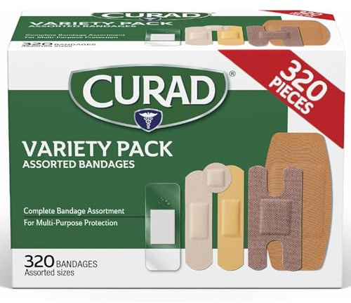 CURAD Assorted Bandages Bulk Variety Pack 320 Count 5 Styles Including Waterproof, Sheer, Plastic, Heavy Duty & Flex-Fabric First Aid Kit Essentials Protects Scrapes, Cuts & Burns