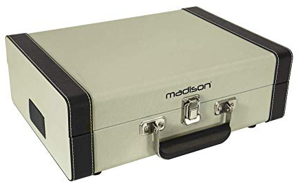 Madison - Mad-RETROCASE-CR - Estuche para Tocadiscos Retro (33, 45, 78 RPM) con Altavoces incorporados, Bluetooth, USB, SD - Adaptador de 45 RPM Incluido - Cuero Azul Claro