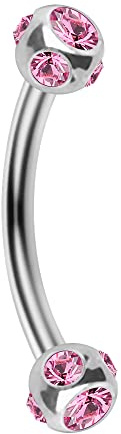 AZARIO London - Piercing per sopracciglio, in acciaio chirurgico, con doppia sfera di cristallo, calibro 16, colore: rosa