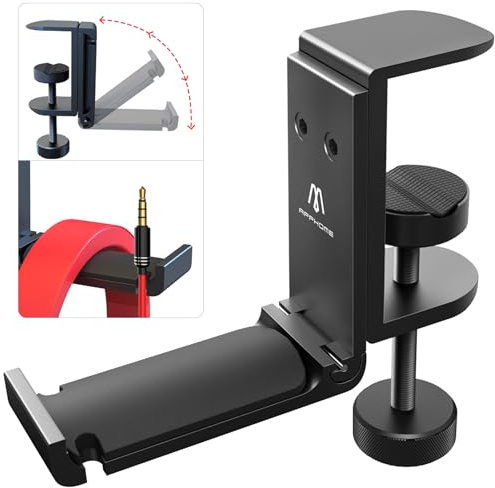 APPHOME Foldable Headphone Stand Under Desk, Metal Headset Holder Hook for Desk with Cable Organizer, Space-Saving Desk Bag Hook & Backpack Hanger for Gaming Office, Universal Fit, Black