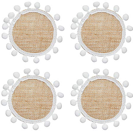 KitchenCraft Natural Elements - Dessous-de-Verre en Jute avec Pompons Blancs Décoratifs, 15 cm, Lot de 4
