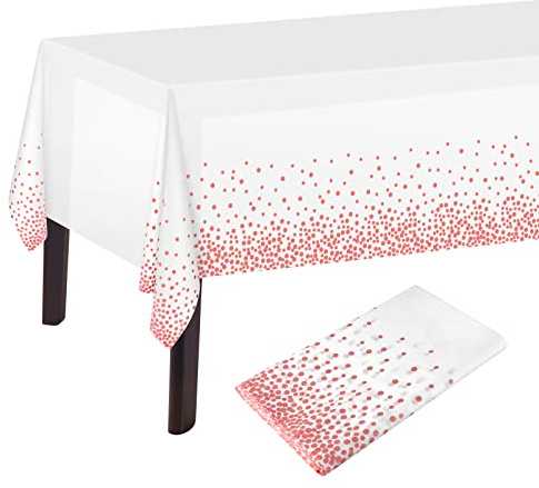 PLULON Nappe à Pois Blanc et Or Rose Rectangle 137 x 274 cm en Plastique pour Décorations de Table d'Anniversaire