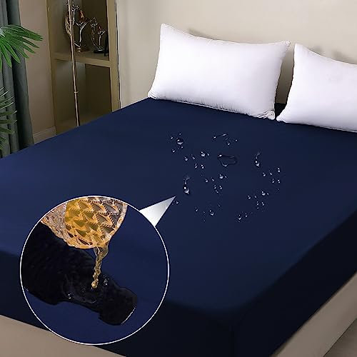 ohano Wasserdichter Matratzenschoner 180x200cm Spannbettlaken, Wasserdichter und Atmungsaktive Matratzenbezug, Inkontinenzauflage,Nässeschutz Bettlaken Spannbetttücher,für alle Jahreszeiten-Dunkelblau