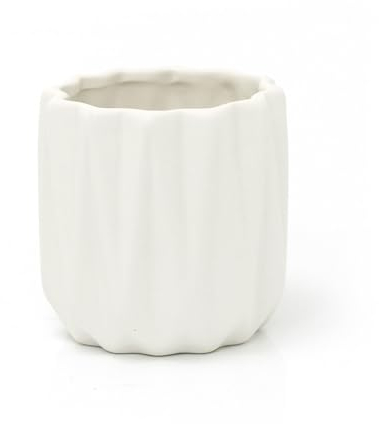 Carousel Home White Ceramic Ribbed Cachepot Indoor Flower Pot - Contemporary White Geometric Planter - Small