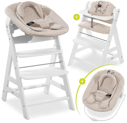 hauck Hochstuhl Alpha+ Newborn Set mit 2in1 Bouncer - Mitwachsender Holz Babyhochstuhl ab Geburt, inkl. Sitzauflage & Neugeborenenaufsatz - Weiß | Winnie the Pooh