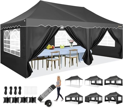 HOTEEL Gazebo with 6 Sides 3m X 6m Pop Up Gazebo 3m X 6m Marquee Gazebo Waterproof Party Tent All Weather Use for Party, Garden, Outdoor, Commercial, with Roller Bag & 4 Weight Bags, Black