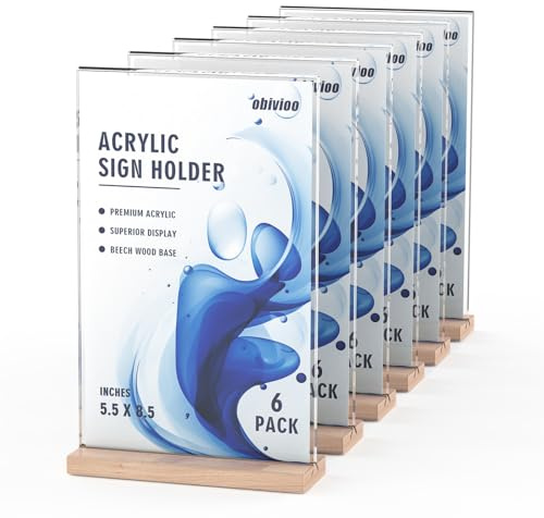 Acrylic Sign Holder 5.5x8.5 with Wood Base, Clear T shape Table Display Stands for Office, House, Store, Restaurants, and Event use, Double side Flyer Holder for Ads, Menu, Picture etc.(6 packs)