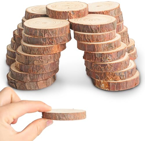 Juego de 30 rodajas de madera natural, 5-6 cm de diámetro, sin terminar, círculos de madera sin agujero, perfecto para creaciones artísticas y adornos de madera de Navidad para manualidades