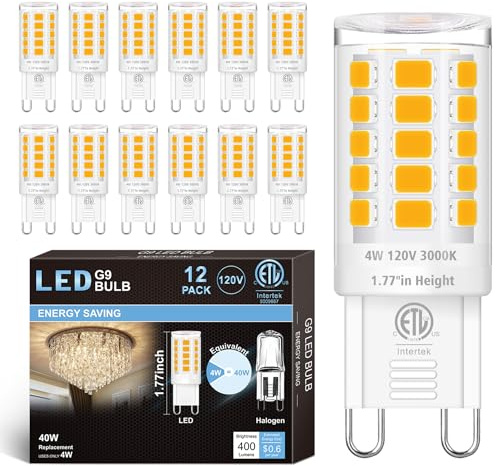 hansang 12 Pack G9 LED Bulb 3000K Soft White, 4W (40W Halogen Equivalent), T4 Light Bulbs for Crystal Chandelier, G9 Bi Pin Ceramic Base, AC120V, 400LM, 360°Beam Angle, No-Flicker, Non-Dimmable