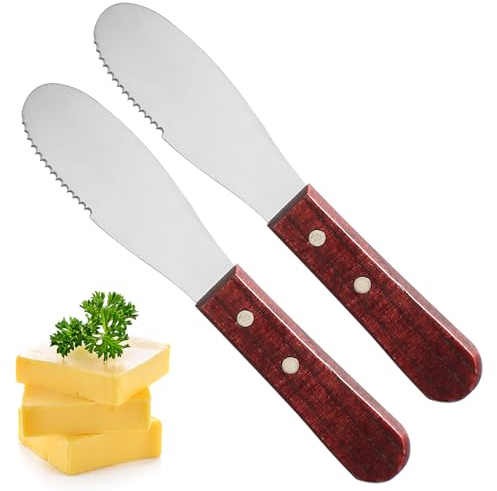 OurLeeme Coltello da burro per formaggio, confezione da 2 taglierina per burro in acciaio inox con bordo seghettato, manico in legno per la produzione di pasticcini con marmellata di burro fredda