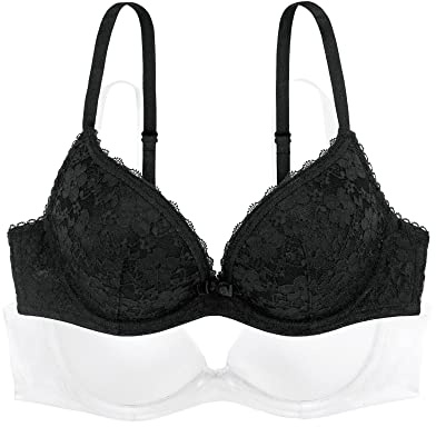 Dorina Soutien-Gorge Push-Up Plongeant Femme Sonia, Lot de 2 – À Armatures, Bonnets Moulés avec Dentelle et Tissu Microfibre Lisse pour Effet Pigeonnant et Confort, Noir et Blanc