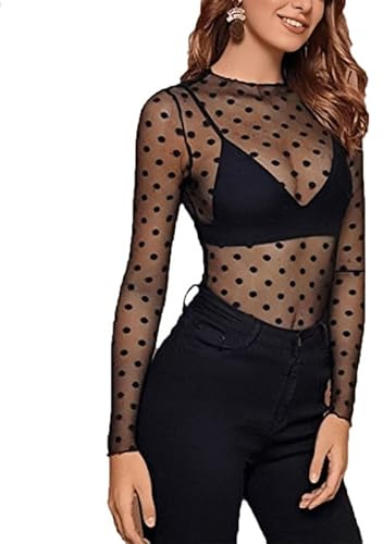 Blusas Transparentes para Mujer Tops de Camiseta Transparente en la Parte Inferior Camisa de Malla de Manga Larga Camisa de Lunares Transparentes Top de Malla Delgada con Cuello Redondo para niña
