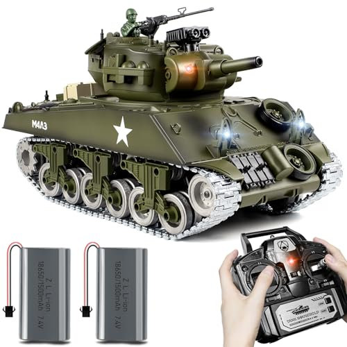 1:18 RC Panzer ferngesteuert für Kinder Erwachsene – M4A3 Sherman Modell, 2.4GHz Funk mit BB Kugeln & Wasserbomben, Metallketten, Sound & Rauch, Armee Fahrzeug Spielzeug Geschenk