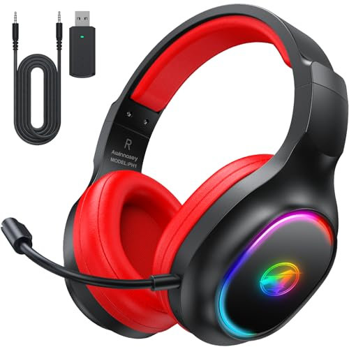 Awinnasey PH1 2.4GHz Wireless Gaming Headset for PS5, PS4, PC, Switch, Bluetooth Headset with 3.5mm Jack, Wireless Gaming Headphones with Microphone, 7.1 Stereo Sound, Low Latency, Black Red, PRO