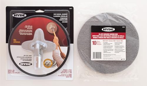 Hyde 9-Inch Radial Sander Kit with 10-Pack Sanding Discs, Sanding Net, 180 Grit - Large Area Pivoting Hinge, Drywall Sanders with Fast Change Hook and Loop, Lightweight
