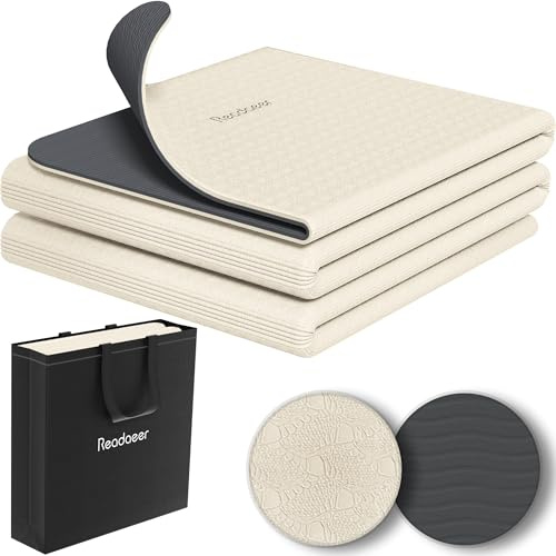 Tappetino da yoga pieghevole da viaggio, spessore 6 mm, tappetino antiscivolo in TPE per esercizi di pilates, 182,9 cm di lunghezza x 61 cm di larghezza x 0,6 cm (bianco latte + grigio scuro)