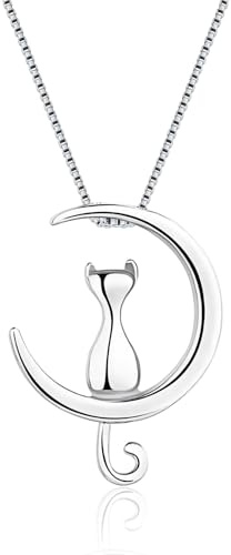 WUNZILO Set di Gioielli in Argento 925, Collana a Forma di Luna con Gatto, Orecchini con Gatto, Gioielli Eleganti per Donne, Regali di Compleanno con Scatola Regalo