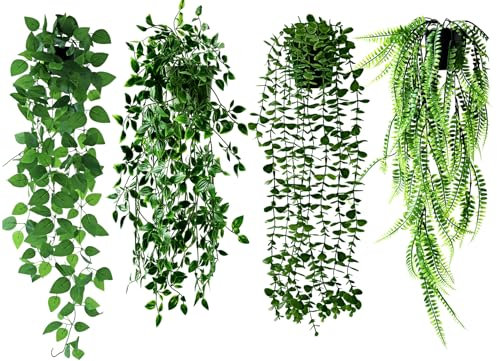 Roqueen 4 Stück Künstliche Hängepflanzen für Regal, Kunstpflanze Hängend Eukalyptus Rebe, Mandala Rebe, Boston Farn, Pothos im Topf für Startseite Wand Regal Bücherregal Innen Draußen Dekoration