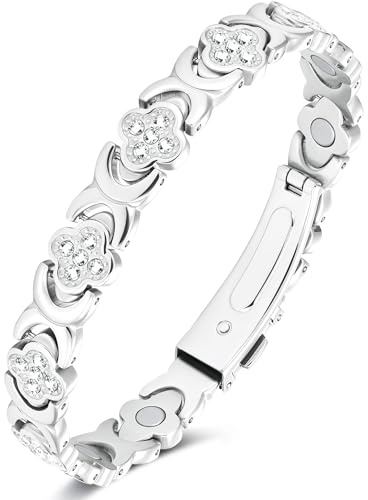 Jeracol 99% Copper Bracelet for Women,Magnetic Bracelet for Women with Lucky Clover Design,Adjustable Length with Sizing Tool in Gift Box(Silver)