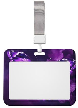 Porte-badge coulissant en plastique dur avec lanière - Étanche - Avec fenêtre transparente - Étui de protection pour cartes de travail - Papillon violet - Pour homme et femme