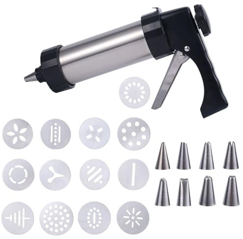 BOXOB Spritzgebäck-Pressset zum Backen, Edelstahl Kekspresse mit 13 Gebäckscheiben und 8 Spritztüllen Backdekorationszubehör für Selbstgemachte Kuchen und Desserts