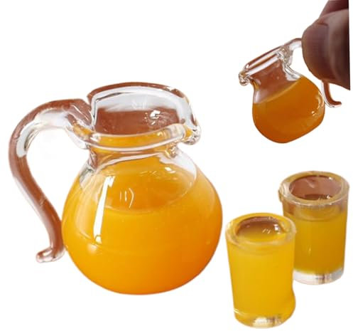 1 Juego de miniaturas de casa de muñecas, 1:12 Accesorios de Cocina de la casa de muñecas Juego de Bebidas de Jugo de Naranja, Jarra con 2 Piezas de Copa de Vidrio Kit de Jugo de Naranja Adornos de s