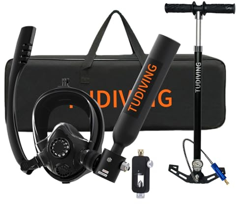 TUDIVING-0.5L Portable Diving Tank with Pump,Diving Oxygen Cylinder with Full Face Snorkel Mask,Lung Tank Kits for Underwater Diving Breathing Training/Rescue/Boat Cleaning (S200Plus A1 black)