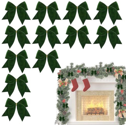 Set Di 12 Fiocchi Verde Albero Di Natale | 15*15 Cm Vintage Fiocchi in Velluto | Decorazioni Albero Natale | Schema Di Colori Classico | per Sacchetti Di Caramelle E Decorazioni per La Casa