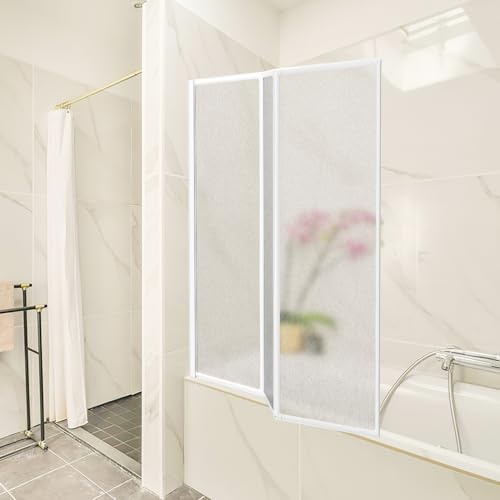 ISOISL Mampara de ducha para bañera de plástico, antiastillas, 120 x 140 cm, 3 piezas, plegable, marco de aluminio blanco, montaje a izquierda y derecha, con aspecto mate