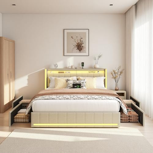 Dubbelsäng 160x200 cm i Lin med LED-sömmer och USB-laddare, Säng för 2 personer med 4 förvaringslådor och stoppad sänggavel, Stoppad sängram för vuxna och tonåringar (Beige Lin, 160x200)