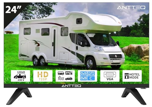 Antteq Televisore LED 24 Pollici (60 cm) HD con 12V – Senza Smart TV, Triple Tuner DVB-C/T2/S2, Modalità Hotel, Audio Dolby, SCART & CI+ – Ideale per Camper, Campeggio e Hotel