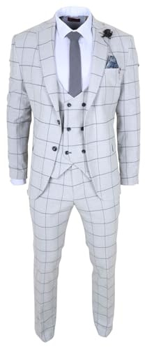 Men's 3 Piece Tailored Fit Suit Light Grey Plaid Check with Unique Double-Breasted Waistcoat - Grey 44