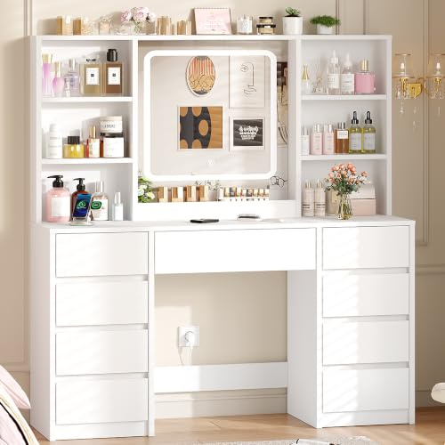 Coiffeuse avec Miroir LED Réglable, Coiffeuse avec 9 Tiroirs et 6 Ouverts | Table de Maquillage avec Prise, et Support Sèche-Cheveux, Moderne pour Chambre, Blanc