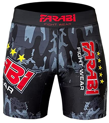 Farabi Sports Compresión Vale Tudo Shorts, Artes Marciales, Grappling Shorts, Calzones Kick Boxing y Pantalon Compresión Corto Running Hombre (FR/ES, Letras, XL, Regular, Corto, Camo/Grey)