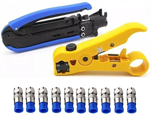 Gaobige Coaxial Compression Tool Coax Cable Crimper Kit Adjustable rg6 rg59 rg11 75-5 75-7 Coaxial Cable Stripper with 10pcs RG6 F Compression Connectors - Blue