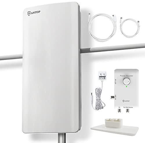 ANTOP HDTV ＆ FM Amplified Antenna 85 Miles AT-800SBS with Dual Outputs Smart Boost System, Support TV and Second Device-FM Stereo, a Second TV or Any OTA-Ready Streaming Device or Projector