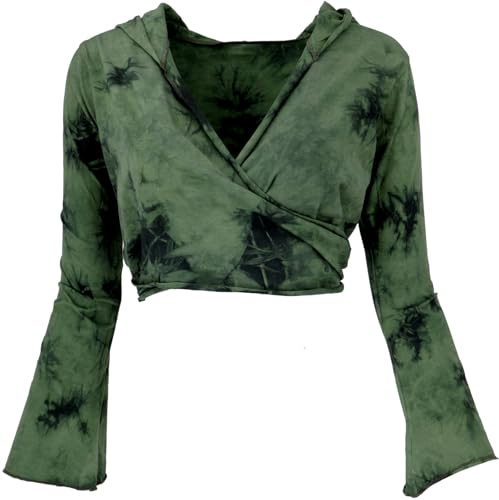 Guru-Boutique, Wrap Top, Yoga Top, Chemise à Manches Longues Avec Manches Trompettes, Batik/vert, Ducoton, Size:S / M (38), Chandails, Sweat-shirts à Manches Longues