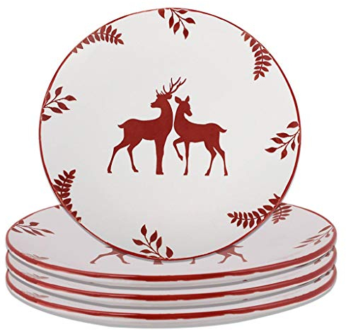 Christmas Dinner Plate Set of 4 Reindeer Stag Print Festive Tableware Stoneware Dinner Plates White Dinner Set
