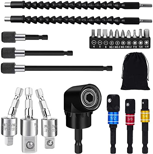 Flexible Drill Bit Extension Set, 105° Right Angle Drill Attachment, 1/4 3/8 1/2 Hex Shank Impact Driver Socket Adapter Rotatable Socket, Bendable Drill Bit Extension and Screwdriver Bit Kit