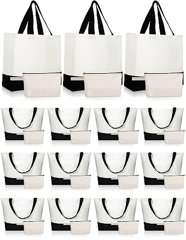 Sanwuta 30 Pcs Canvas Tote Bags Bulk with Zipper Cosmetic Pouch 18.5 Reusable Cotton Shopping Bag with Handle for DIY Craft (Black)