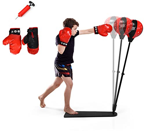 COSTWAY Punching Bag with Stand and Gloves, 85-130cm Height Adjustable Reflex Bag Kit, Freestanding Inflatable Kids Boxing Bag for Speed Training, Exercise